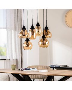 Hanglamp Lungo glas amber zwart 6-lichts